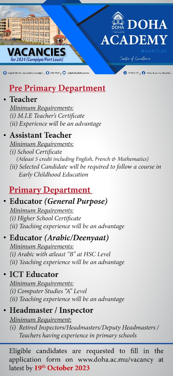 Job Vacancy – Doha Academy Mauritius